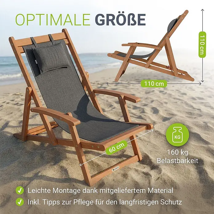 Juskys Strandstuhl Tavira - Holz, Klappbar, Anthrazit, B x T x H: 60 x 110 x 110 cm - Verstellbarer Holz-Liegestuhl mit grauem Stoff am Strand. Maße 110x110x60cm, 160kg Tragfähigkeit.