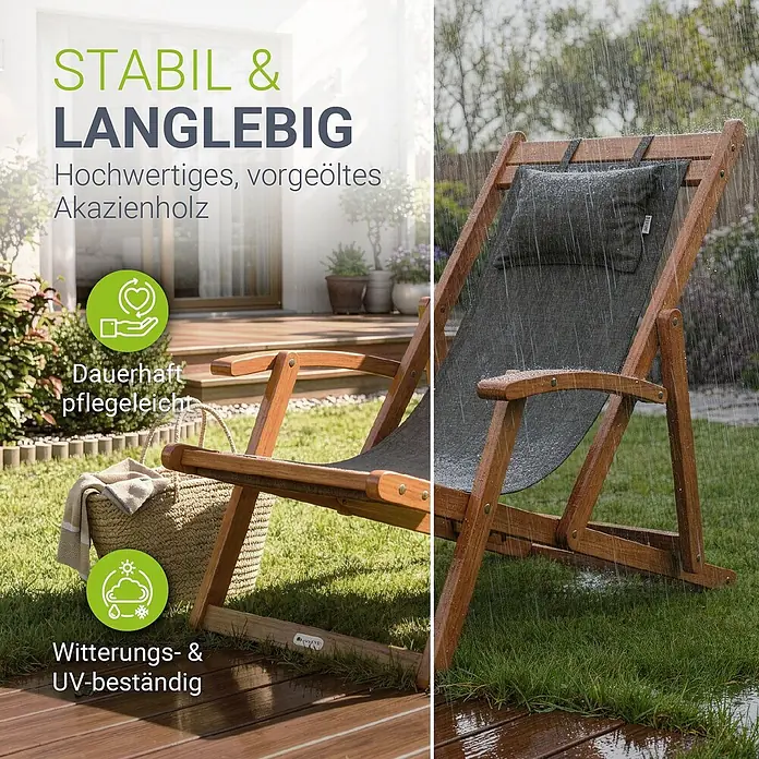 Juskys Strandstuhl Tavira - Holz, Klappbar, Anthrazit, B x T x H: 60 x 110 x 110 cm - Stabiler, langlebiger Liegestuhl aus vorgeöltem Akazienholz, wetter- & UV-beständig, pflegeleicht, draußen bei Sonne und Regen.