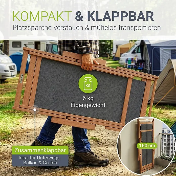 Juskys Strandstuhl Tavira - Holz, Klappbar, Anthrazit, B x T x H: 60 x 110 x 110 cm - Faltbarer Liegestuhl aus Holz und dunkelgrauem Stoff, 6 kg, kompakt (160 cm) draußen getragen.