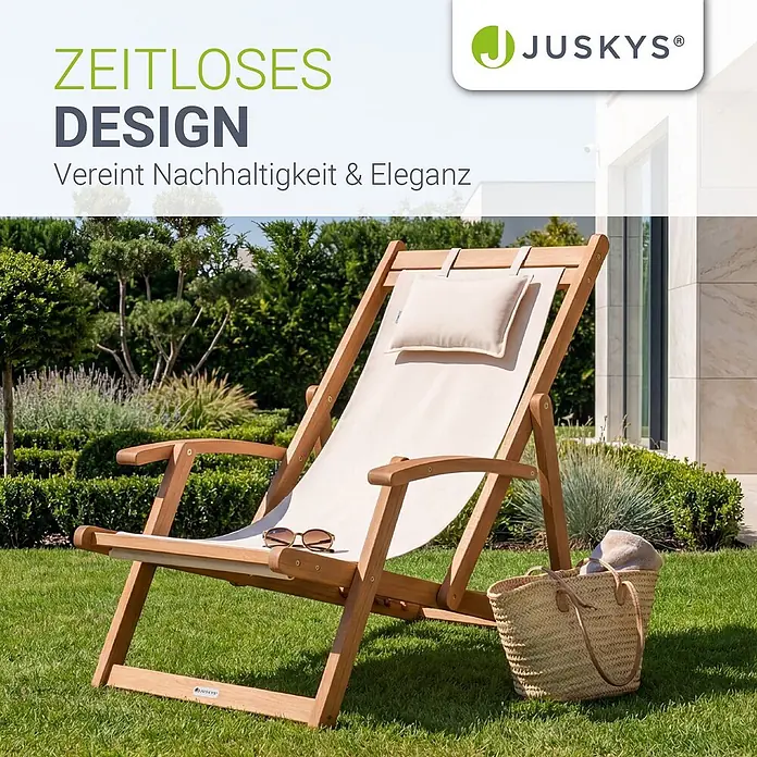 Juskys Strandstuhl Tavira - Holz, Klappbar, Creme, B x T x H: 60 x 110 x 110 cm - Hölzerner Liegestuhl mit cremefarbenem Stoffbezug und Nackenkissen.