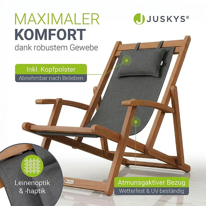 Juskys Strandstuhl Tavira - Holz, Klappbar, Anthrazit, B x T x H: 60 x 110 x 110 cm - Klappbarer Holzliegestuhl mit dunkelgrauem, atmungsaktivem Leinenstoff und abnehmbarem Kopfkissen für maximalen Komfort.