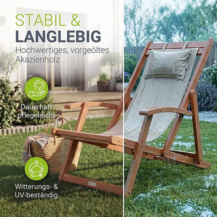 Juskys Strandstuhl Tavira - Holz, Klappbar, Creme, B x T x H: 60 x 110 x 110 cm - Akazienholz-Liegestuhl mit heller Stoffbespannung, robust, wetter- und UV-beständig, ideal für den Garten.