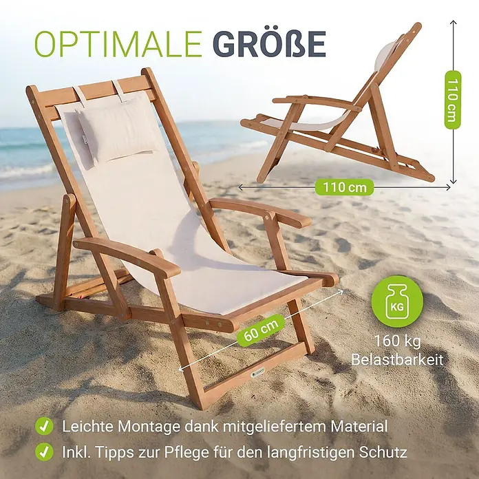 Juskys Strandstuhl Tavira - Holz, Klappbar, Creme, B x T x H: 60 x 110 x 110 cm - Verstellbarer Liegestuhl aus Holz mit cremefarbenem Stoff am Strand. Zeigt Maße von 110x110x60cm und 160kg Tragkraft.