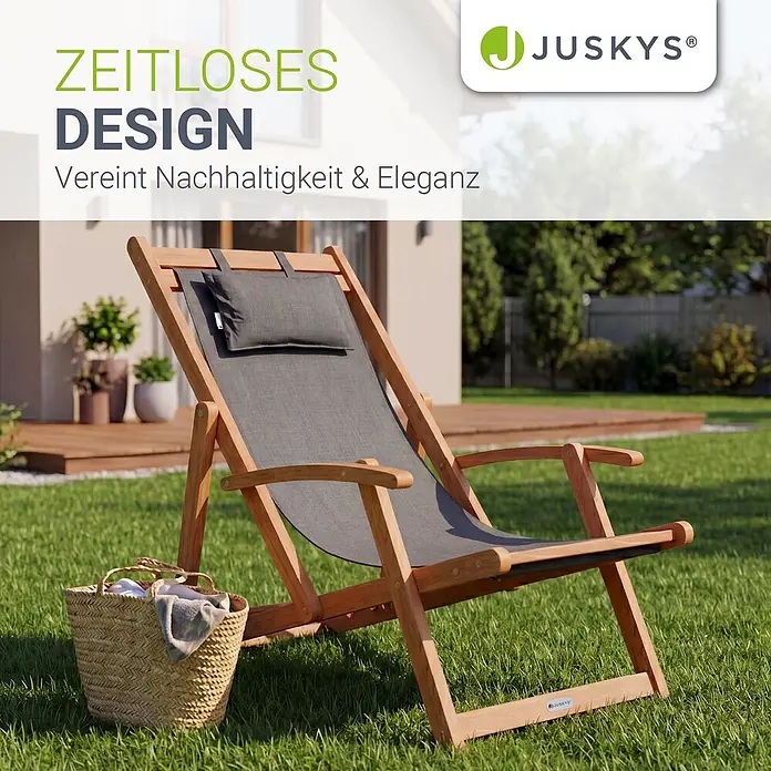 Juskys Strandstuhl Tavira - Holz, Klappbar, Anthrazit, B x T x H: 60 x 110 x 110 cm - Hölzerner Liegestuhl mit grauem Stoff und Kissen. Ideal zur Entspannung im Freien.
