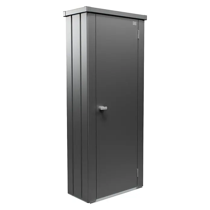 Biohort Julia Geräteschrank S high - Außenbreite inkl. Dachüberstand: 77,7 cm, Außentiefe inkl. Dachüberstand: 40,9 cm, Stahl, Dunkelgrau Metallic - Hoher, dunkelgrauer Metallschrank mit einer Tür, Griff und gerippten Seitenwänden.