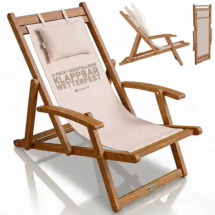 Juskys Strandstuhl Tavira - Holz, Klappbar, Creme, B x T x H: 60 x 110 x 110 cm - Verstellbarer Klappliegestuhl aus Holz mit beigem Stoff und Kissen, zusammengeklappt und verstellt dargestellt.