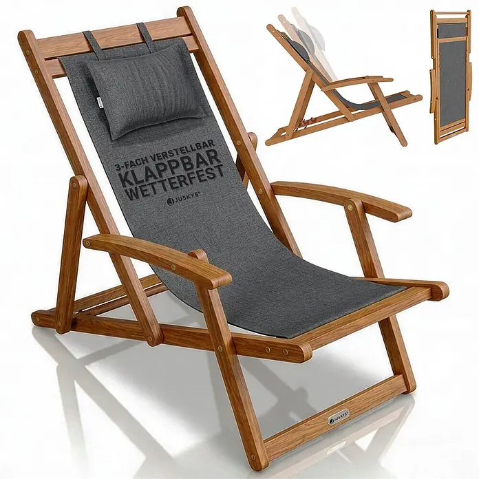 Juskys Strandstuhl Tavira - Holz, Klappbar, Anthrazit, B x T x H: 60 x 110 x 110 cm - Klappbarer Holz-Liegestuhl mit grauem Stoffbezug, 3-fach verstellbar und Kopfkissen.