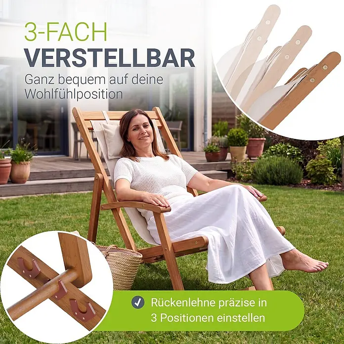 Juskys Strandstuhl Tavira - Holz, Klappbar, Creme, B x T x H: 60 x 110 x 110 cm - Holzliegestuhl, 3-fach verstellbar, mit einer Frau, die im Garten entspannt.