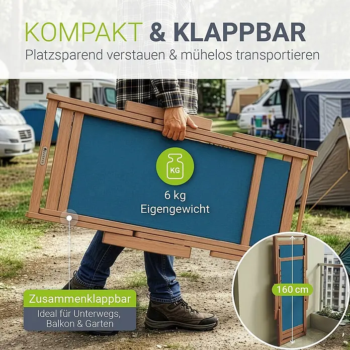 Juskys Strandstuhl Tavira - Holz, Klappbar, Petrol, B x T x H: 60 x 110 x 110 cm - Gefaltete blaue Holzliege wird von einer Person im Freien getragen, zeigt ihre Tragbarkeit und kompakte Größe für unterwegs.