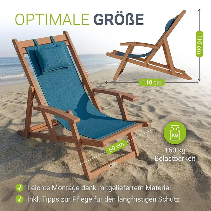 Juskys Strandstuhl Tavira - Holz, Klappbar, Petrol, B x T x H: 60 x 110 x 110 cm - Holzliegestuhl mit blauem Stoffbezug am Strand, Maße 110x110x60 cm, belastbar bis 160 kg.
