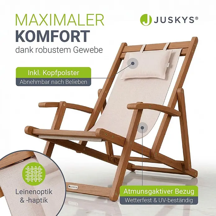 Juskys Strandstuhl Tavira - Holz, Klappbar, Creme, B x T x H: 60 x 110 x 110 cm - Holzliegestuhl mit hellbeige Leinenstoff und abnehmbarem Kopfkissen.