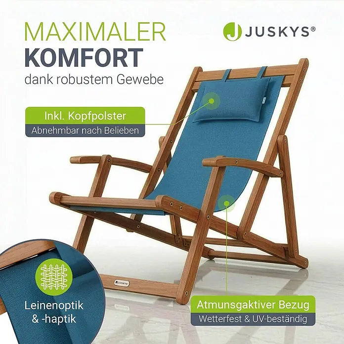 Juskys Strandstuhl Tavira - Holz, Klappbar, Petrol, B x T x H: 60 x 110 x 110 cm - Holzliegestuhl mit blauem Stoffbezug und abnehmbarem Kopfkissen.
