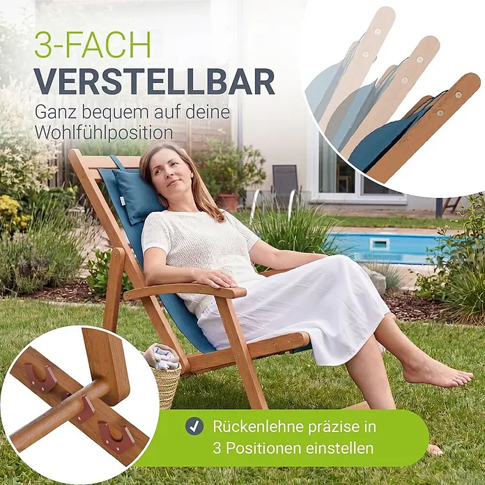 Juskys Strandstuhl Tavira - Holz, Klappbar, Petrol, B x T x H: 60 x 110 x 110 cm - Verstellbarer Holz-Liegestuhl mit blauem Stoff, 3-fach verstellbar, genutzt von einer Frau im Garten.