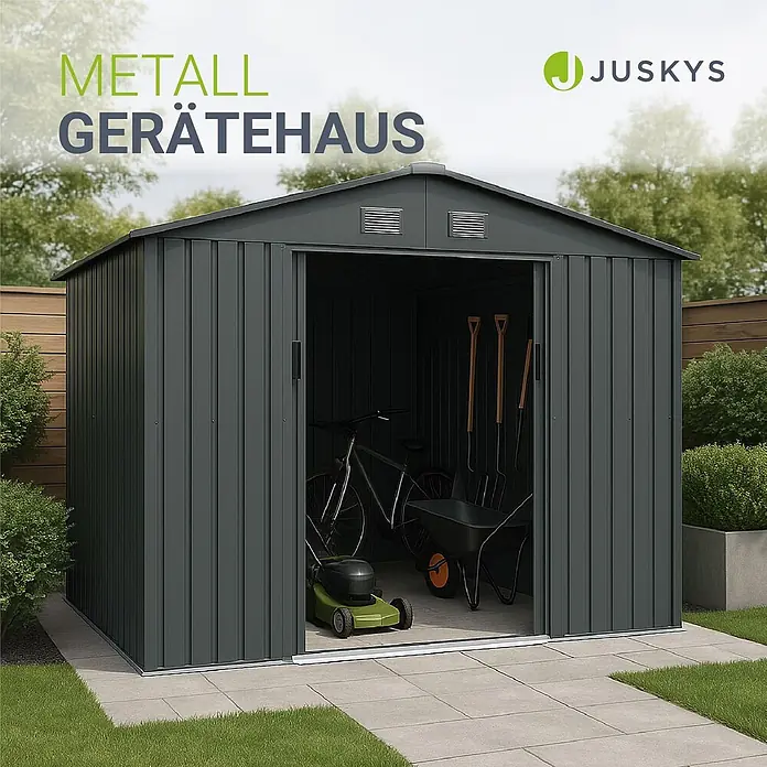 Juskys Gerätehaus Gerätehaus - Außenbreite inkl. Dachüberstand: 280 cm, Außentiefe inkl. Dachüberstand: 196 cm, Metall, Dunkelgrau - Dunkelgraues Metall-Gartenhaus in einem Garten, das ein Fahrrad, Rasenmäher und Werkzeuge lagert.