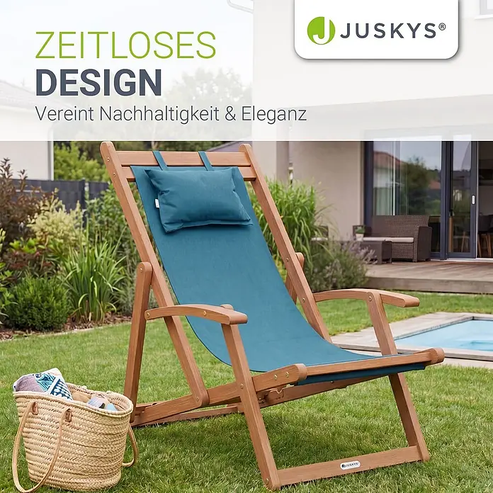 Juskys Strandstuhl Tavira - Holz, Klappbar, Petrol, B x T x H: 60 x 110 x 110 cm - Hölzerner Liegestuhl mit petrolfarbenem Stoff und Kopfkissen, ideal zum Entspannen im Garten.
