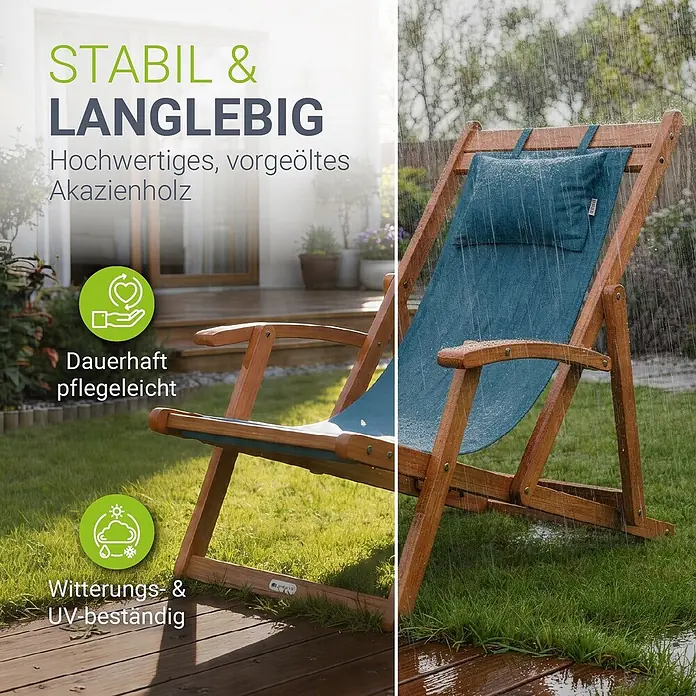 Juskys Strandstuhl Tavira - Holz, Klappbar, Petrol, B x T x H: 60 x 110 x 110 cm - Liegestuhl aus geöltem Akazienholz mit blauem Stoffbezug, draußen im Regen, um seine Wetterbeständigkeit zu zeigen.