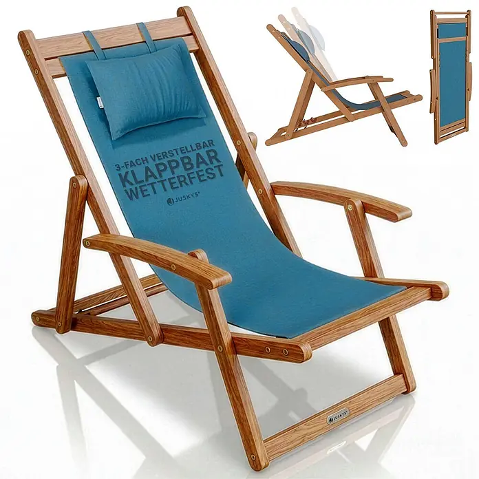 Juskys Strandstuhl Tavira - Holz, Klappbar, Petrol, B x T x H: 60 x 110 x 110 cm - Verstellbarer, klappbarer Holzliegestuhl mit blauem Stoff und Kissen.