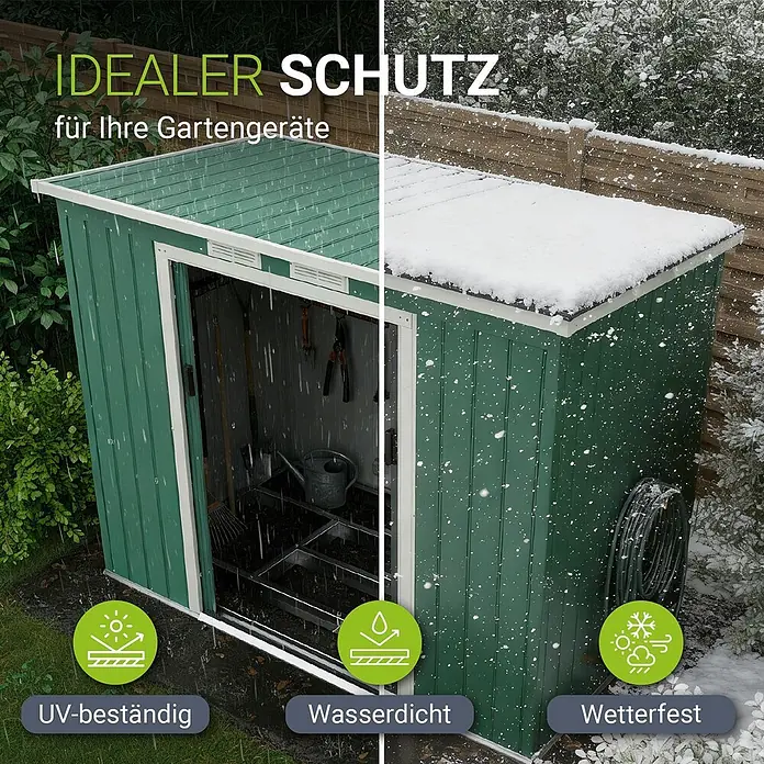 Juskys Gerätehaus Gerätehaus - Metall, grün - Wetterfester grüner Geräteschuppen für Werkzeugschutz, im Regen und Schnee gezeigt.