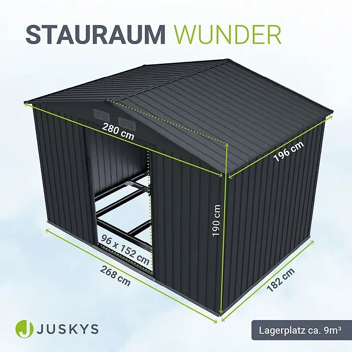 Juskys Gerätehaus Gerätehaus - Außenbreite inkl. Dachüberstand: 280 cm, Außentiefe inkl. Dachüberstand: 196 cm, Metall, Dunkelgrau - Dunkelgrauer Metall-Gartenschuppen mit Maßen und ca. 9m³ Stauraum.