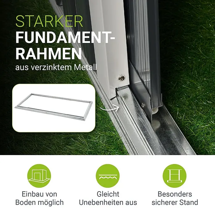 Juskys Gerätehaus Gerätehaus - Metall, grau - Starker Fundamentrahmen aus verzinktem Metall für stabilen und ebenen Stand.