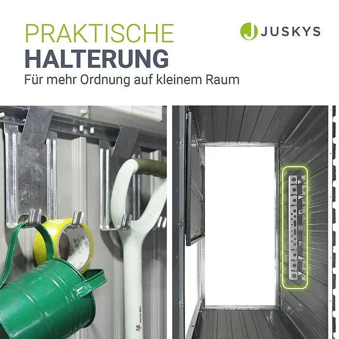 Juskys Gerätehaus Gerätehaus - Metall, grau - Praktisches Metall-Halterungssystem in einem Geräteschuppen zur Organisation von Werkzeugen.