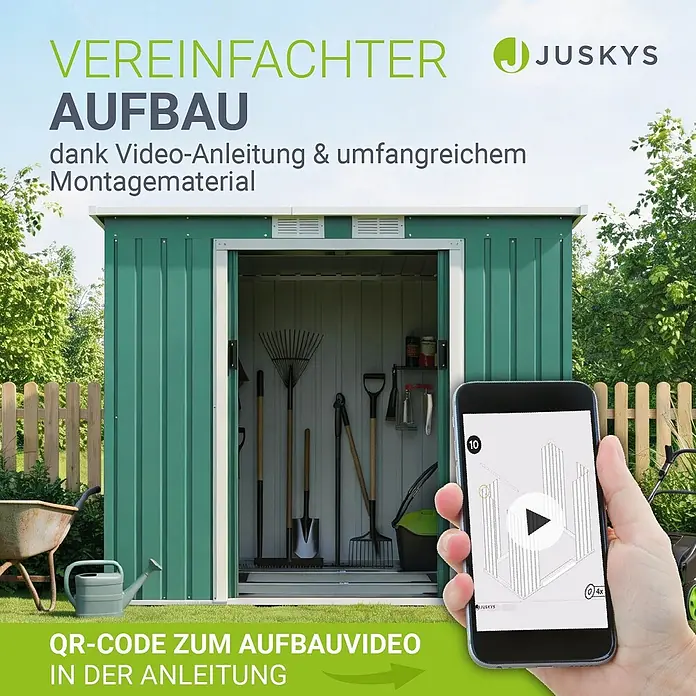 Juskys Gerätehaus Gerätehaus - Metall, grün - Grüner Metall-Gartenschuppen im Garten mit offener Tür. Eine Hand hält ein Smartphone mit Aufbauvideoanleitung.