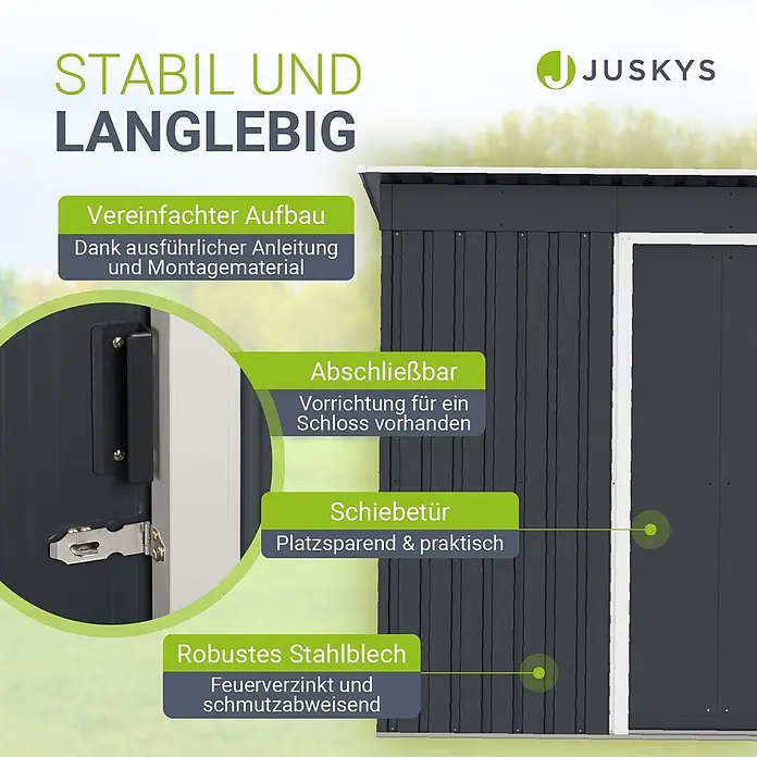 Juskys Gerätehaus Gerätehaus - Metall, grau - Dunkelgrauer Geräteschuppen aus robustem Stahlblech mit Schiebetür und Schlossvorrichtung.