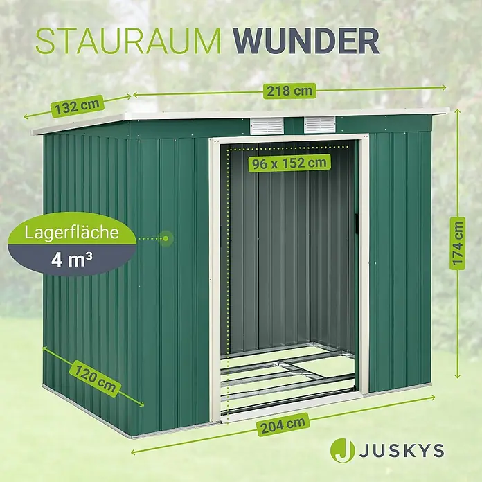 Juskys Gerätehaus Gerätehaus - Metall, grün - Grüner Geräteschuppen aus Metall mit 4 m³ Stauraum und Maßen.