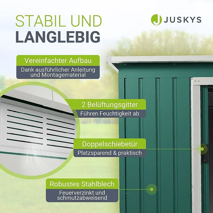 Juskys Gerätehaus Gerätehaus - Metall, grün - Grüner Geräteschuppen aus robustem verzinktem Stahl mit Doppelschiebetür und Lüftungsgittern.