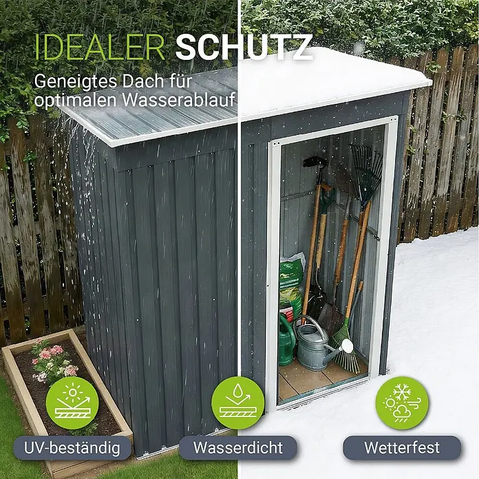 Juskys Gerätehaus Gerätehaus - Metall, grau - Dunkelgrauer Metall-Geräteschuppen mit Schrägdach, zeigt Wasserablauf bei Regen und Wetterfestigkeit bei Schnee, mit Gartengeräten.
