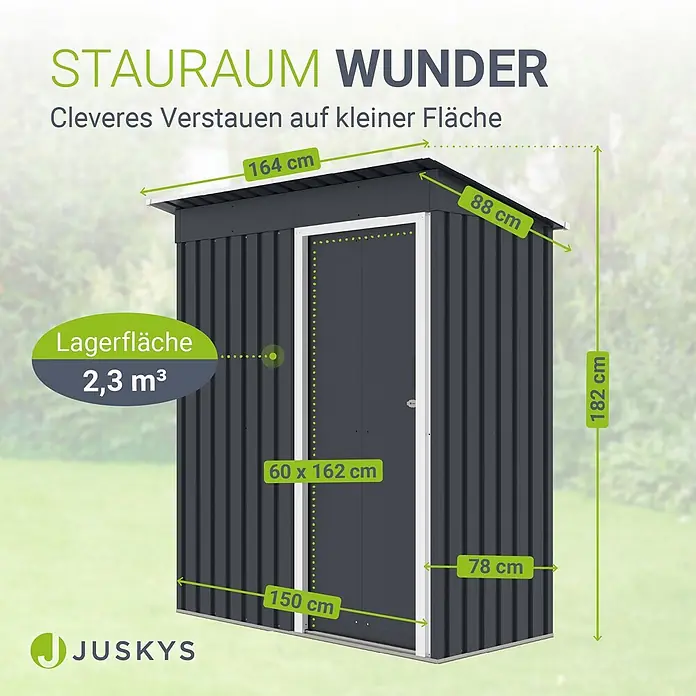 Juskys Gerätehaus Gerätehaus - Metall, grau - Kompakter dunkelgrauer Metallschuppen, 164x88x182 cm, bietet 2,3 m³ Stauraum. Ideal für kleine Flächen.