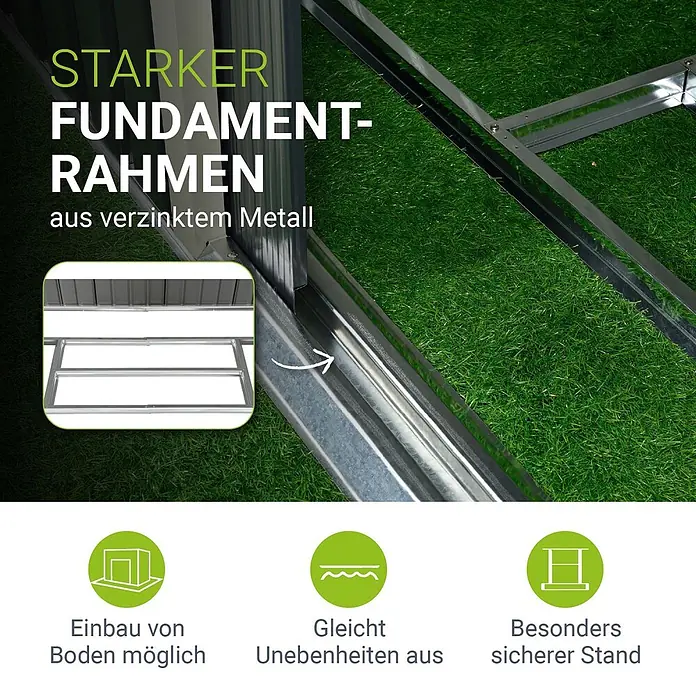 Juskys Gerätehaus Gerätehaus - Metall, Anthrazit - Starker Fundamentrahmen aus verzinktem Metall, für einen sicheren und ebenen Stand.
