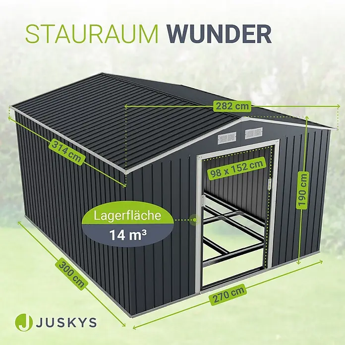 Juskys Gerätehaus Gerätehaus - Metall, Anthrazit - Dunkelgraues Metall-Gartenschuppen mit Maßen und 14 m³ Volumen.