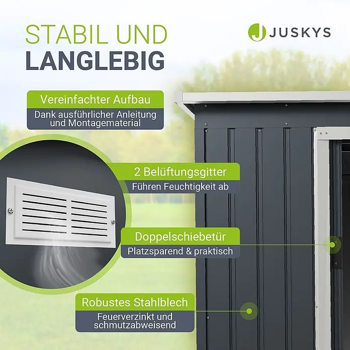Juskys Gerätehaus Gerätehaus - Metall, Anthrazit - Dunkelgraues Gartenhaus aus robustem, feuerverzinktem Stahlblech mit Doppelschiebetür und Belüftungsgittern.