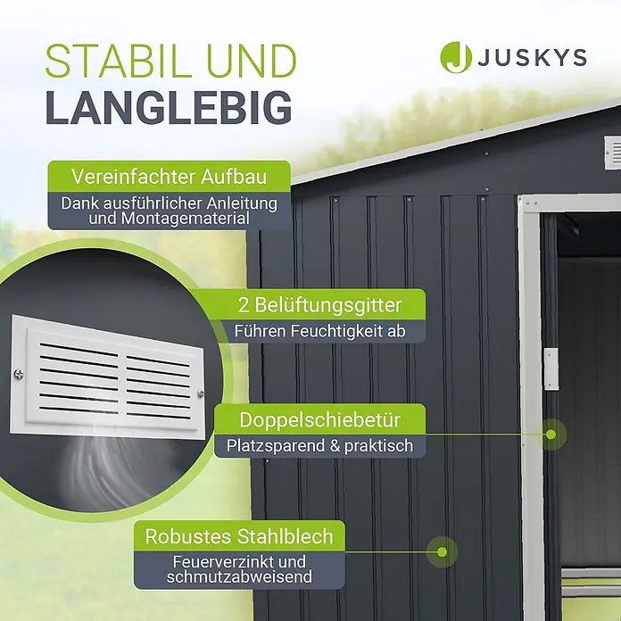 Juskys Gerätehaus Gerätehaus - Metall, Anthrazit - Dunkelgraues Gartenhaus aus robustem, feuerverzinktem Stahlblech mit Doppelschiebetür und zwei Belüftungsgittern.