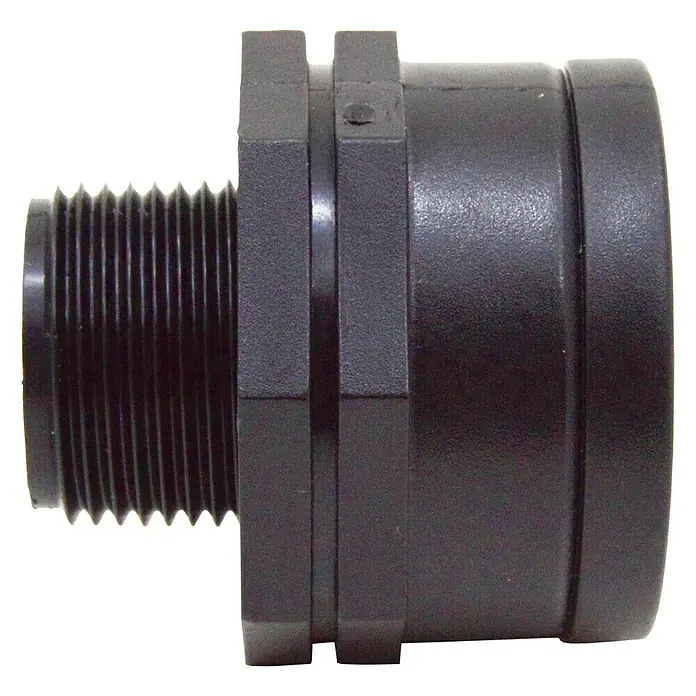 Manguito reductor H-M - Rosca exterior: ¾″, Rosca interior: 1″ - Conexión de plástico negro con rosca y sección central moleteada para conexiones seguras. Ideal para sistemas de tuberías.