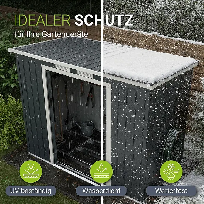 Juskys Gerätehaus Gerätehaus - Metall, Anthrazit - Dunkelgrauer Geräteschuppen schützt Werkzeuge vor Regen und Schnee. Er ist UV-beständig, wasserdicht und wetterfest.