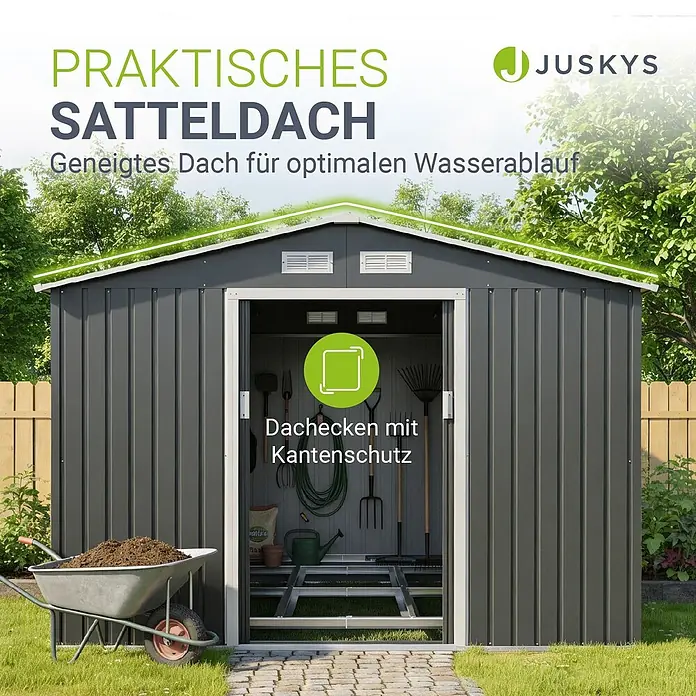 Juskys Gerätehaus Gerätehaus - Metall, Anthrazit - Dunkelgraues Metall-Gartenhaus mit praktischem Satteldach für optimalen Wasserablauf, im Garten.