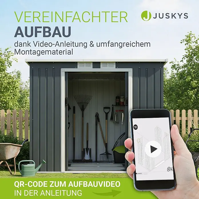 Juskys Gerätehaus Gerätehaus - Metall, Anthrazit - Ein dunkelgraues Gartenhaus, mit Werkzeugen und einem Smartphone, das eine Montageanleitung zeigt.