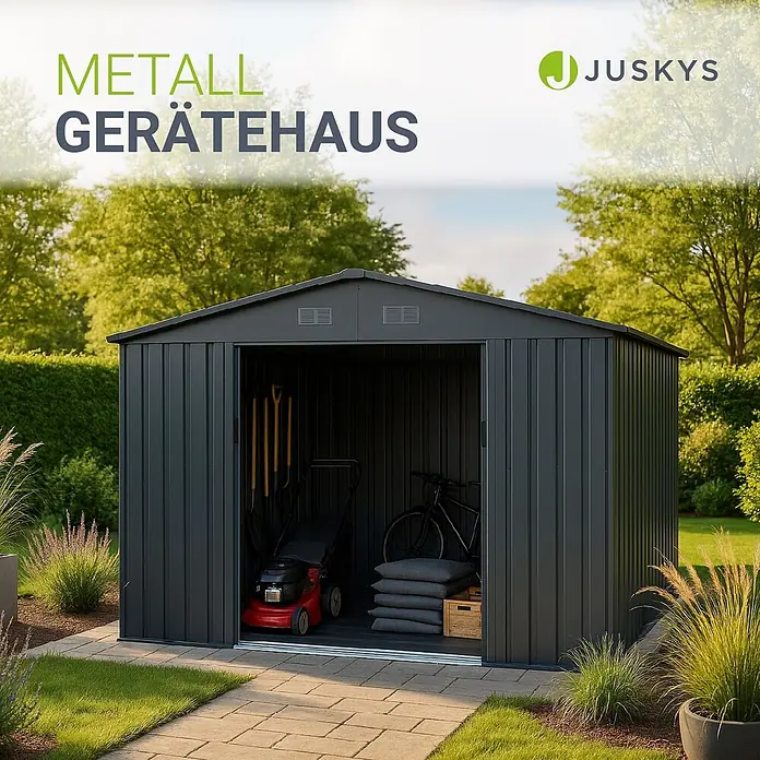 Juskys Gerätehaus Gerätehaus - Außenbreite inkl. Dachüberstand: 282 cm, Außentiefe inkl. Dachüberstand: 314 cm, Metall, Dunkelgrau - Dunkelgraues Metall-Gartenhaus in einem Garten, das Rasenmäher, Fahrrad und Werkzeuge lagert. Eine praktische Aufbewahrungslösung für den Außenbereich.