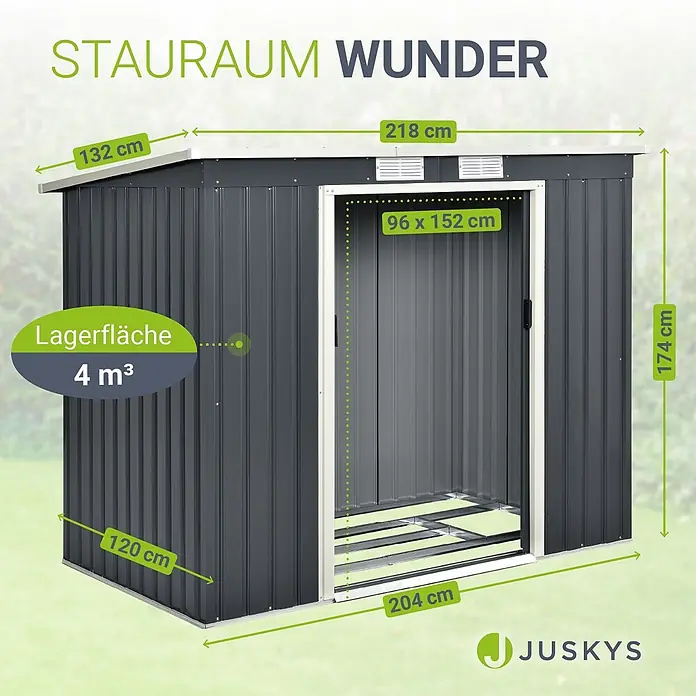 Juskys Gerätehaus Gerätehaus - Metall, Anthrazit - Dunkelgraues Metall-Gartenhaus mit weißem Rahmen, Maßen und 4 m³ Stauraum.
