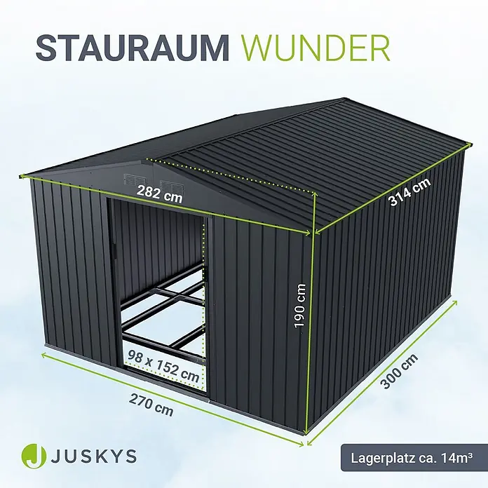 Juskys Gerätehaus Gerätehaus - Außenbreite inkl. Dachüberstand: 282 cm, Außentiefe inkl. Dachüberstand: 314 cm, Metall, Dunkelgrau - Dunkelgrauer Metall-Geräteschuppen mit sichtbaren Maßen und ca. 14m³ Lagerkapazität.