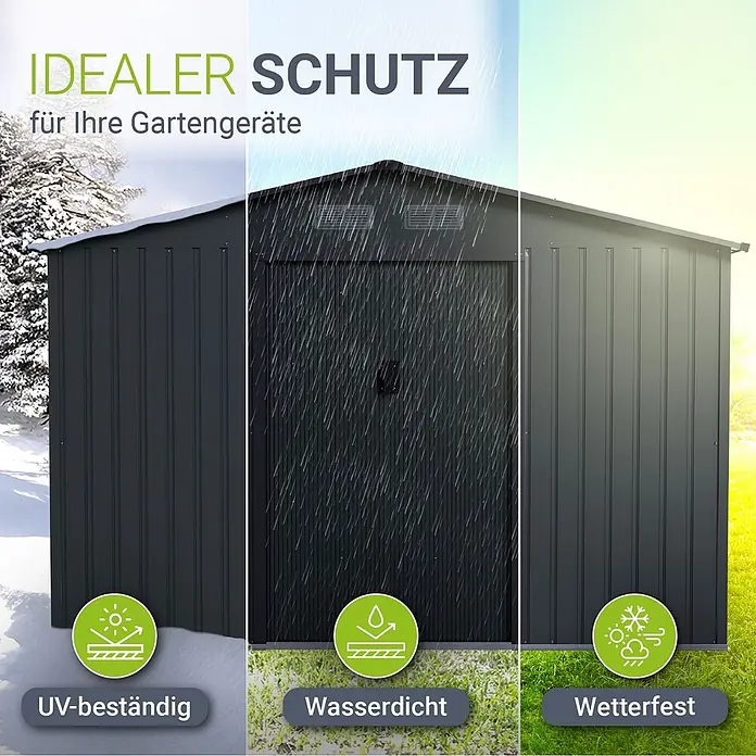 Juskys Gerätehaus Gerätehaus - Außenbreite inkl. Dachüberstand: 282 cm, Außentiefe inkl. Dachüberstand: 314 cm, Metall, Dunkelgrau - Dunkelgrauer Geräteschuppen, der Schnee, Regen und Sonne standhält und seinen Wetterschutz hervorhebt.