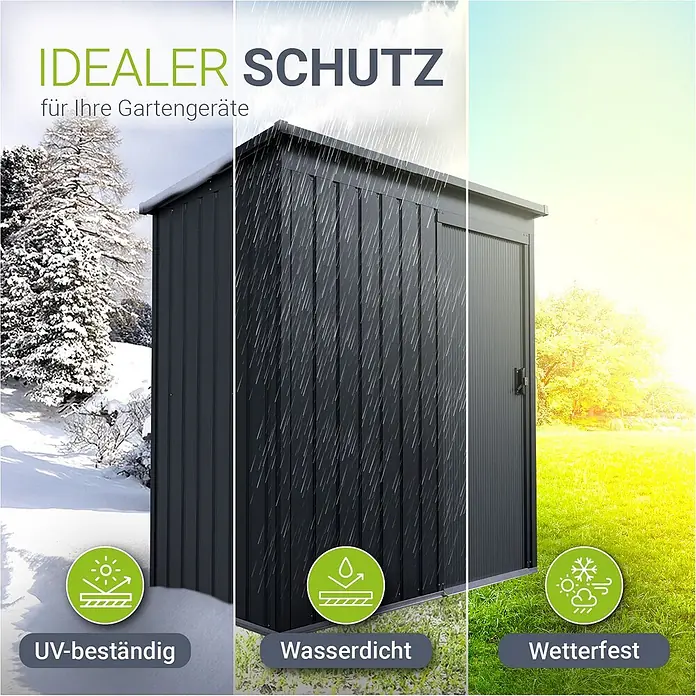 Juskys Gerätehaus Gerätehaus - Außenbreite inkl. Dachüberstand: 164 cm, Außentiefe inkl. Dachüberstand: 88 cm, Metall, Dunkelgrau - Dunkelgraues Metall-Gerätehaus im Schnee, Regen und Sonnenschein, das seine UV-Beständigkeit, Wasserdichtigkeit und Wetterfestigkeit zeigt.