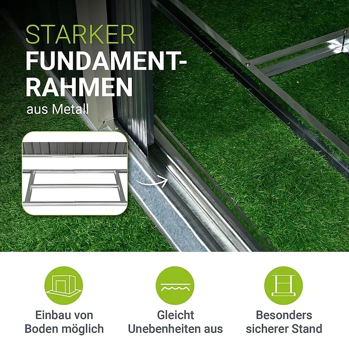 Juskys Gerätehaus Gerätehaus - Außenbreite inkl. Dachüberstand: 282 cm, Außentiefe inkl. Dachüberstand: 314 cm, Metall, Dunkelgrau - Starker Fundamentrahmen aus verzinktem Metall, mit Einblick in die Struktur. Sorgt für stabilen und ebenen Stand.