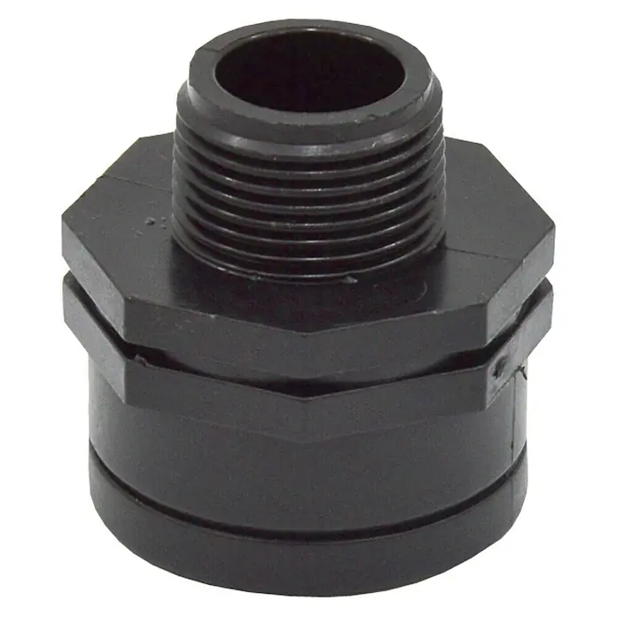 Manguito reductor H-M - Rosca exterior: ½″, Rosca interior: 1″ - Conexión de tanque negra con rosca, ideal para tanques de agua y aplicaciones que requieran una conexión segura y estanca.