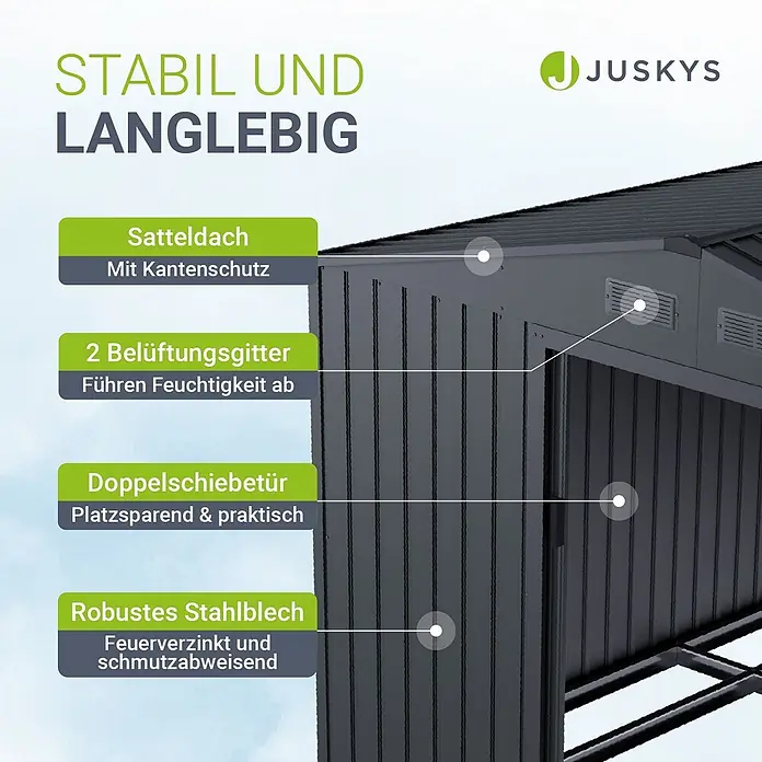 Juskys Gerätehaus Gerätehaus - Außenbreite inkl. Dachüberstand: 282 cm, Außentiefe inkl. Dachüberstand: 314 cm, Metall, Dunkelgrau - Dunkelgraues Metallgerätehaus mit Satteldach, Belüftungsgittern und Doppelschiebetür. Aus robustem, feuerverzinktem Stahlblech gefertigt.
