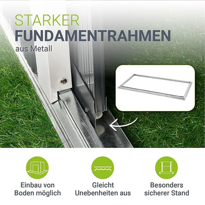 Juskys Gerätehaus Gerätehaus - Außenbreite inkl. Dachüberstand: 164 cm, Außentiefe inkl. Dachüberstand: 88 cm, Metall, Dunkelgrau - Metall-Fundamentrahmen für einen stabilen, sicheren und ebenen Stand, integriert und separat dargestellt.