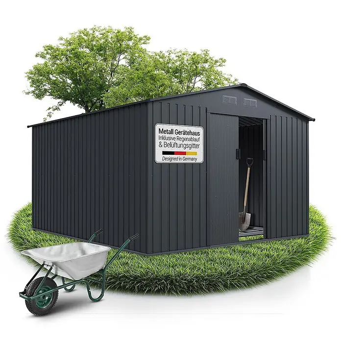 Juskys Gerätehaus Gerätehaus - Außenbreite inkl. Dachüberstand: 282 cm, Außentiefe inkl. Dachüberstand: 314 cm, Metall, Dunkelgrau - Robustes dunkelgraues Metall-Gartenhaus mit Schiebetür und einer silbernen Schubkarre daneben für Gartenarbeiten.