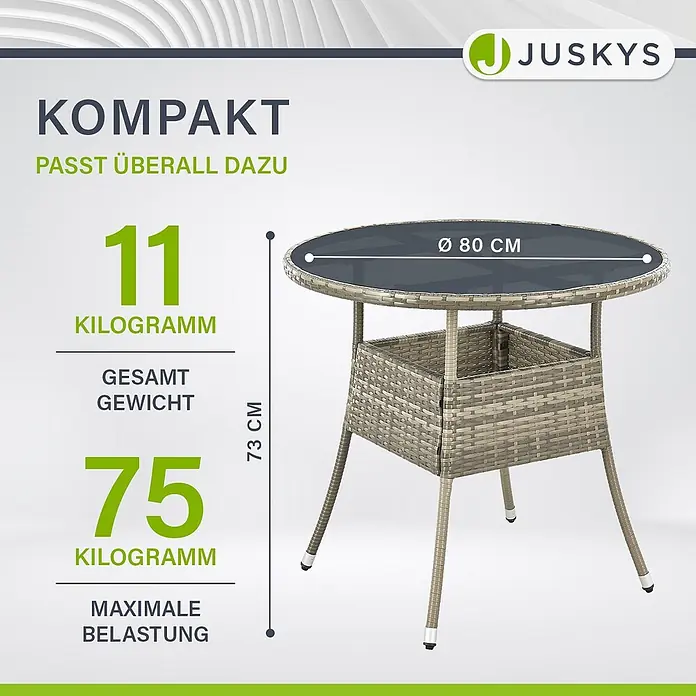 Juskys Gartentisch rund Yoro - Ø x H: 80 x 73 cm, Polyrattan, Grau - Kompakter runder Gartentisch in Rattanoptik mit dunkelgrauer Glasplatte, Ø 80 cm, Höhe 73 cm. Leergewicht 11 kg, maximale Belastung 75 kg.